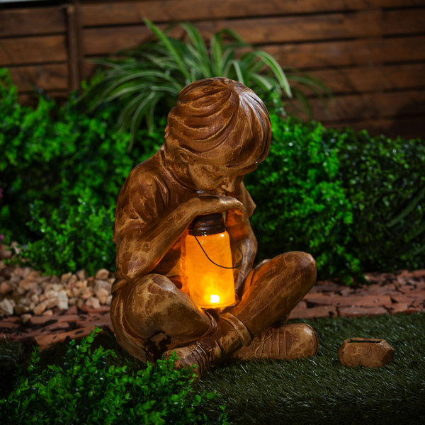 A Kid With Solar Fireflies Garden Statue Resin Jar Boy Girl Whimsical